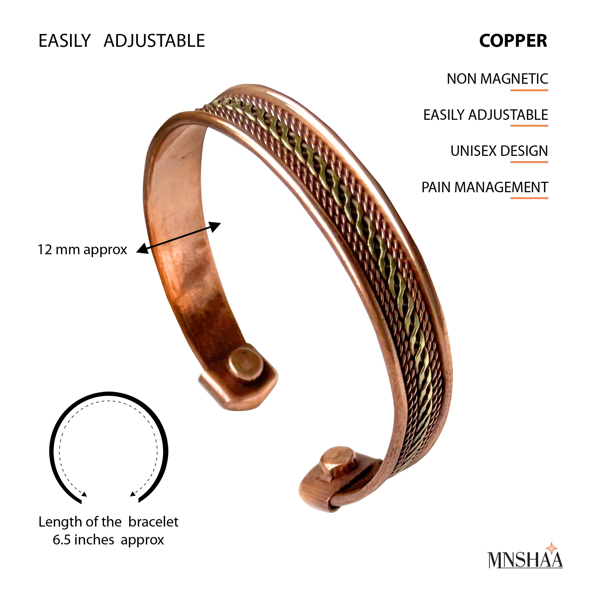 An image depicting dimensions of Mnshaa Copper Bracelet. The bracelet is handmade of pure copper and is easily adjustable.