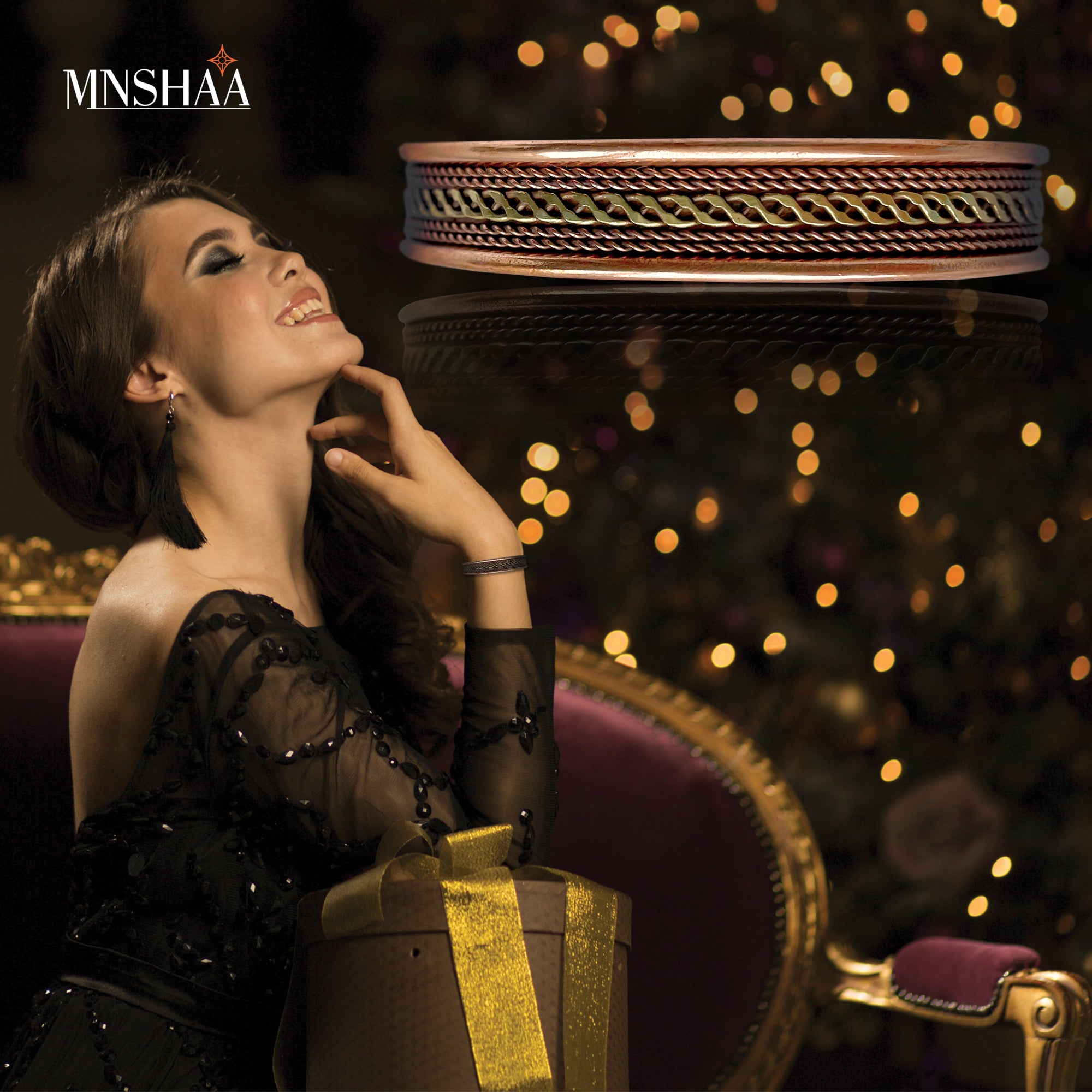 An image of a happy lady wearing Mnshaa Copper Bracelet with a party outfit. Background shows lights depicting celebrations. Also there is an image of Mnshaa Copper Bracelet over the top right side clearly showing its chain link design.