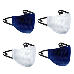 An image of Mnshaa Face masks showing 4 face masks. Pack of 4: 2navy blue colour with white dots, 2 white colour with navy blue dots masks. Flexible nose clip, special enhanced sewing on bridge of nose for snug fit over the nose & prevents fogging when worn with glasses. Protects from pollen, fog, haze, vehicle exhaust, passive smoking and sunburns causing UV rays. A perfect birthday, Christmas, Easter or holidays gift.