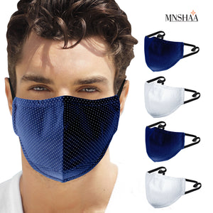 An image of a young man wearing Mnshaa handmade blue facemask with white dots, available in pack of 4. On right side, there is image of all 4 face masks , 2 blue with white dots and 2 white with blue dots. High quality triple layer, cotton fabric, soft, skin-friendly, washable, reusable, comfortable face mask. Flexible nose clip, special enhanced sewing on bridge of nose for snug fit over the nose & prevents fogging when worn with glasses.  A perfect birthday, Christmas, Easter.