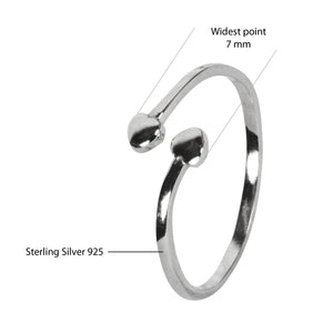 An image showing dimensions of the ring. it is 7 mm wide (widest point considered) and made of sterling silver. Aesthetically designed 925 sterling silver handmade adjustable ring.Suitable for all occasions. Rhodium plating makes it less prone to tarnish. Completely hypoallergenic, allergy-free, nickel-free jewellery. Use as finger ring, above-knuckle ring, thumb band, stacking rings, stopper ring, mid finger ring or toe ring.  Ideal Christmas gift all age groups. Beautifully packed in gift box.