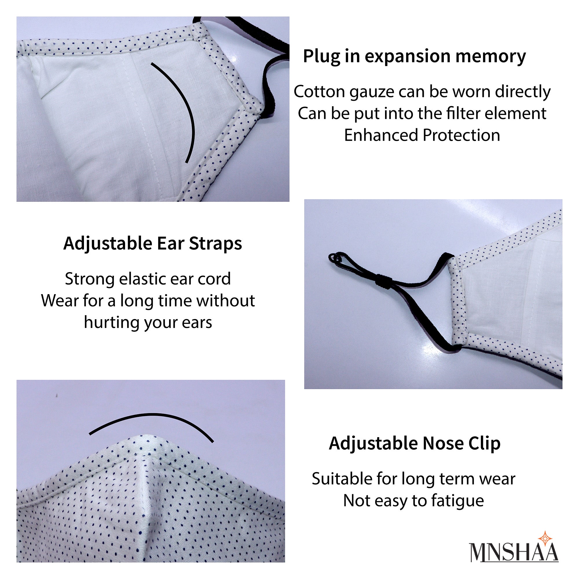 Image of Mnshaa Face mask with details about the masks. High quality triple layer, cotton fabric, soft, skin-friendly, washable, reusable, comfortable face mask.Protects from pollen, fog, haze, vehicle exhaust, passive smoking and sunburns causing UV rays. A perfect birthday, Christmas, Easter or holidays gift.