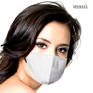 Image of a lady wearing Mnshaa white face mask with blue dots. High quality triple layer, cotton fabric, soft, skin-friendly, washable, reusable, comfortable face mask.Flexible nose clip, special enhanced sewing on bridge of nose for snug fit over the nose & prevents fogging when worn with glasses.A perfect birthday, Christmas, Easter or holidays gift.