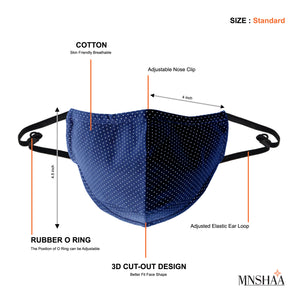 An image of Mnshaa cotton face mask showing the details about the mask. High quality triple layer, cotton fabric, soft, skin-friendly, washable, reusable, comfortable face mask. Pull On fastening Pack of 4: 2navy blue colour with white dots, 2 white colour with navy blue dots masks. Flexible nose clip, special enhanced sewing on bridge of nose for snug fit over the nose & prevents fogging when worn with glasses.